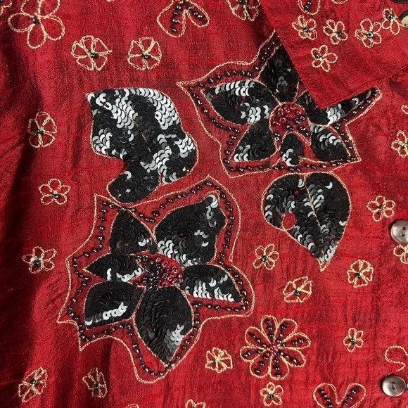 Chico's Silk Beaded Sequin Floral Blouse Shirt Red Size 3 XL Anniversary Collec - Picture 6 of 9